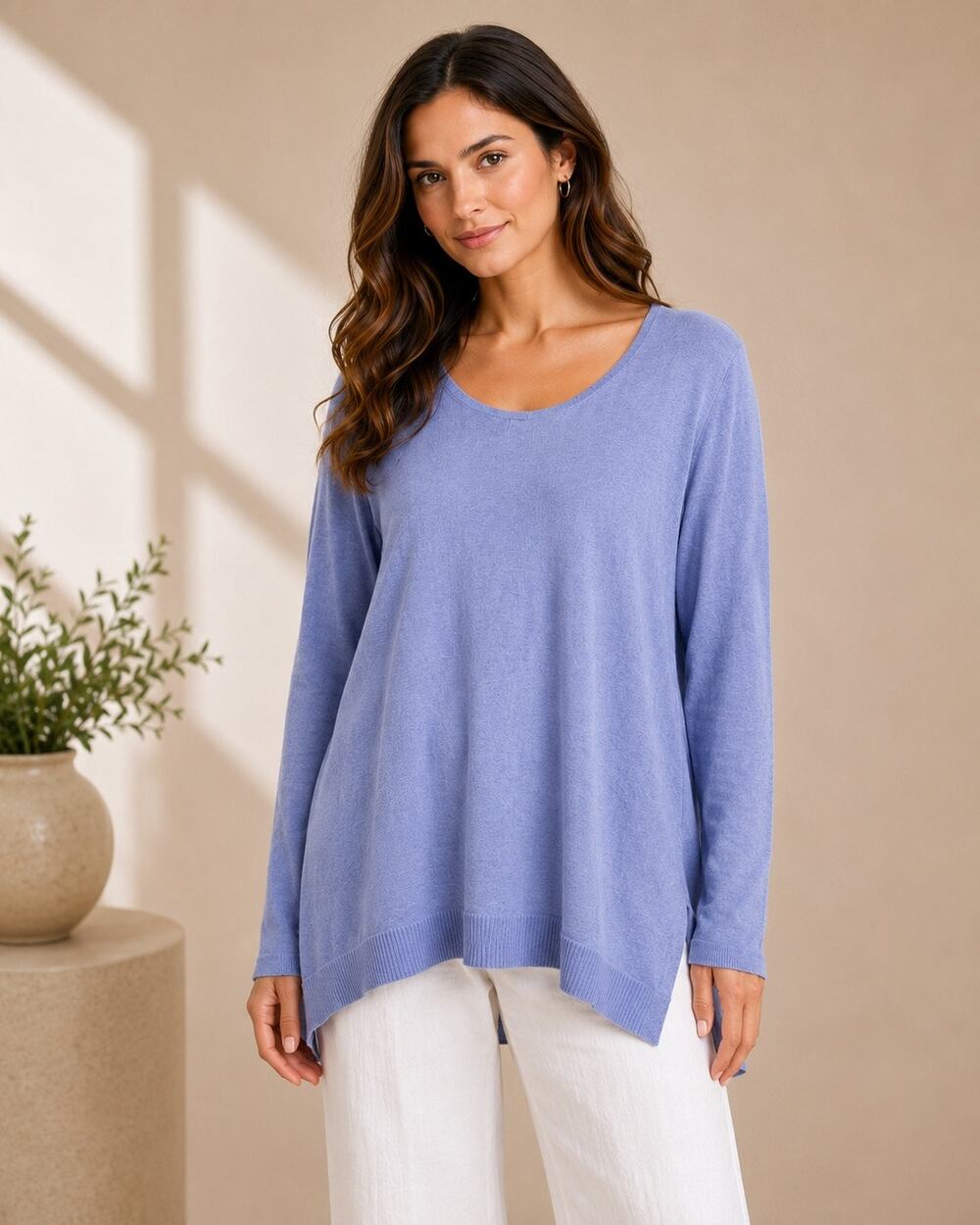Eileen Fisher Merino Wool Alpaca Tencel Knit Tunic Sweater M Blue Minimalist